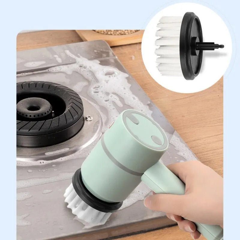 Clarene Revolve Electric Brush scrubbing a stovetop for a spotless finish

